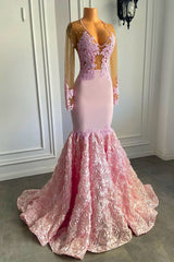 New Arrival Pink Long Sleeves Prom Dress Mermaid Lace Appliques With Flowers