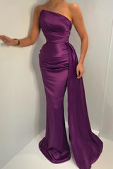 Modern Grape Strapless Mermaid Prom Dresses Sleeveless Long With Ruffle