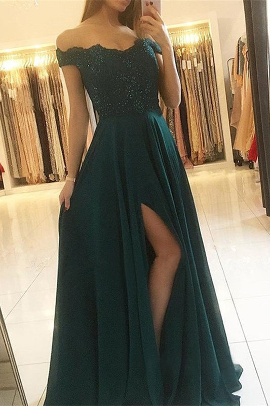 Off-the-Shoulder Dark Green Long Prom Dress Split