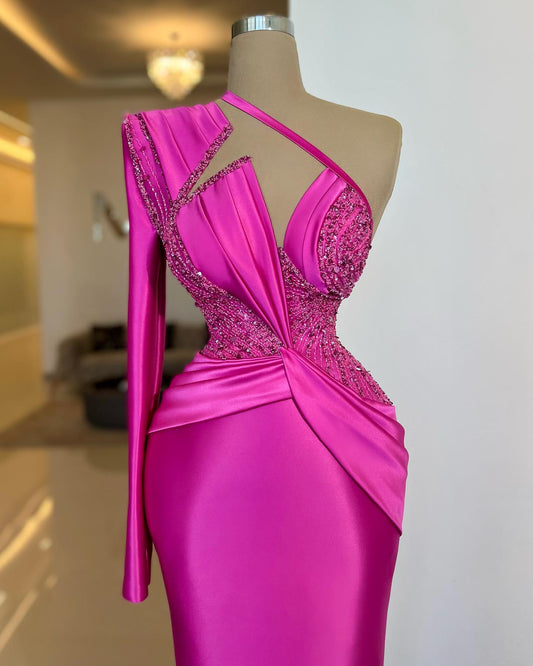 Stunning Hot Pink One Shoulder Long Sleeves Prom Dresses Mermaid Long With Beads