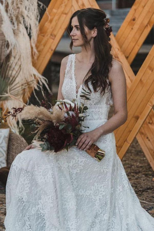 Elegant Backless V-Neck A-Line Wedding Gown with Long Lace
