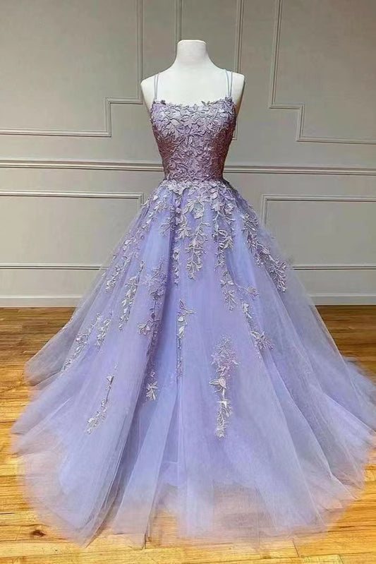 Lilac Spaghetti-Straps A-Line Appliques Evening Dress with Tulle