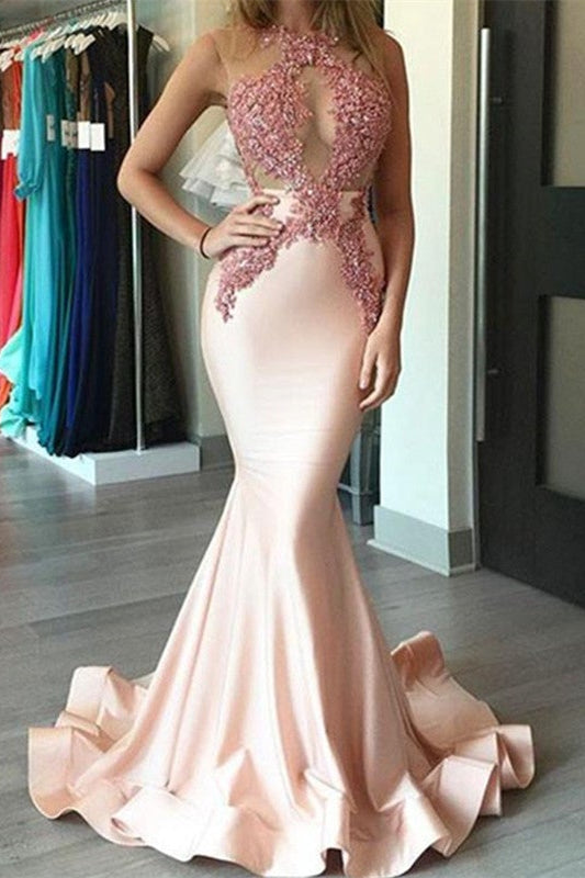 Modern Pink Mermaid Prom Dress With Lace Appliques