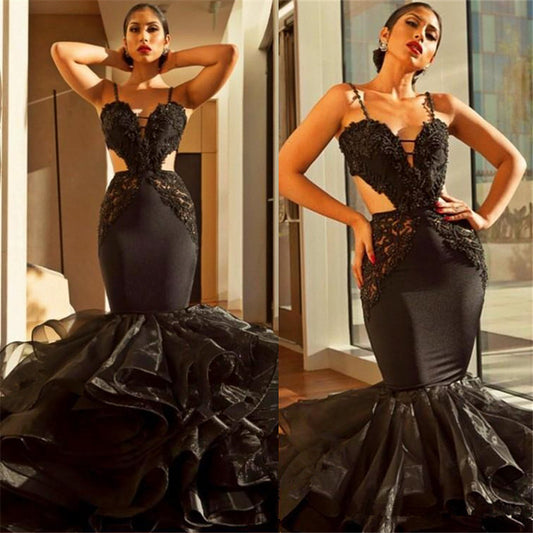 Glamorous Black Spaghetti-Straps Mermaid Prom Dresss Lace Appliques With Ruffles