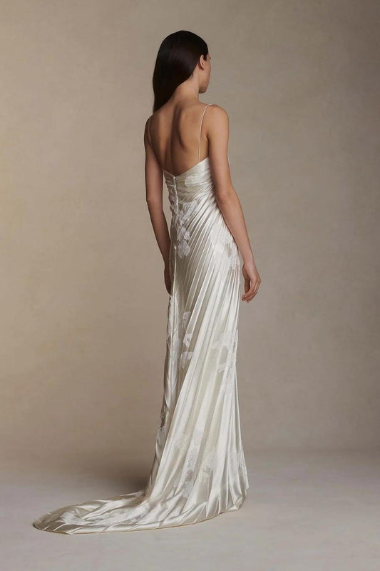 Gorgeous Ivory Appliqued Pleated Satin Backless Prom Dress