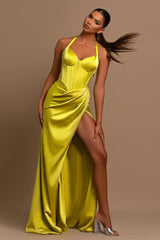 Daffodil Long Prom Dress Halter Sleeveless Gown with Pleated Slit