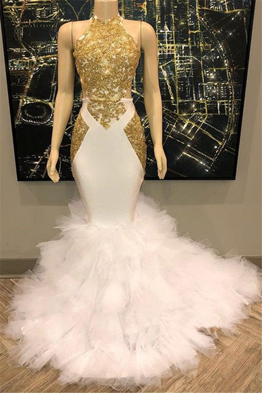 Charming High Neck Mermaid Prom Dress Gold Appliques Ruffles
