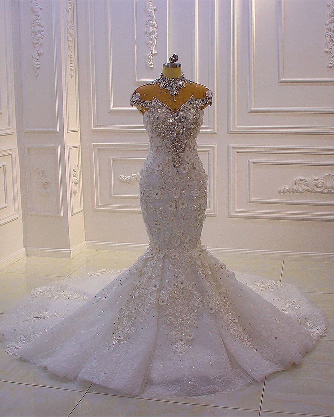 Elegant Mermaid Gown with High Neck, Crystal Tulle, and Lace Appliques