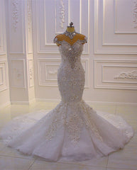 Elegant Mermaid Gown with High Neck, Crystal Tulle, and Lace Appliques