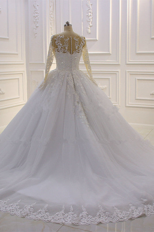 Graceful Long-Sleeve Lace A-Line Bateau Bridal Gown Featuring Pearl Tulle Appliques