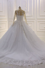 Graceful Long-Sleeve Lace A-Line Bateau Bridal Gown Featuring Pearl Tulle Appliques