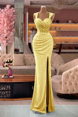  Glamorous Straps Sweetheart Mermaid Sequin Split Evening Dress with Pleats