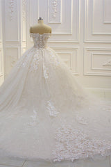 Off-The-Shoulder Sequin Sweetheart Ball Gown Wedding Dress with Lace Appliques
