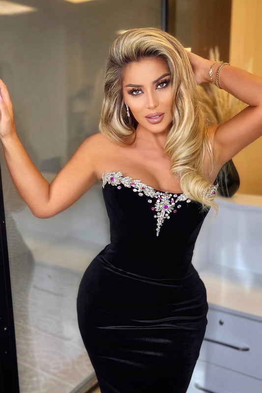 Modern Black Strapless Prom Dresses Mermaid Long With Beads Online