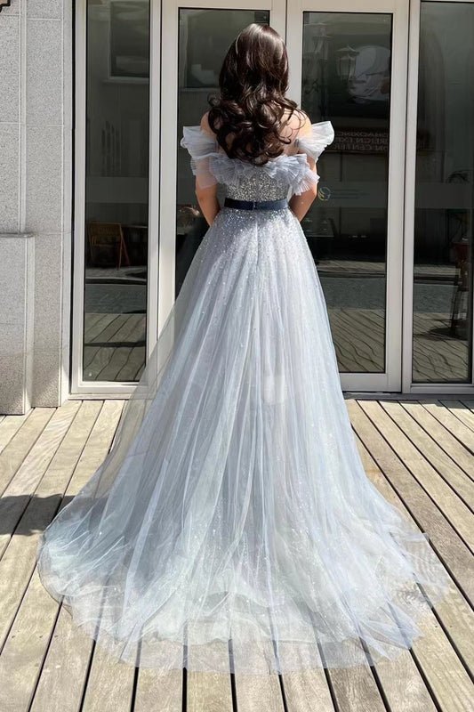 Elegant Off-the-Shoulder A-Line Sequins Tulle Prom Dress with Belt Beads
