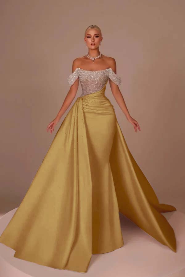 White Off-the-Shoulder Sequins Long Prom Dress Sleeveless with Beads
