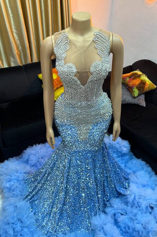 Modern Sky Blue Sleeveless Mermaid Prom Dress Long With Beadings Tulle Ruffles
