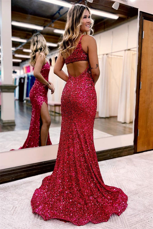 Modern One Shoulder Hot Pink Prom Dresses Mermaid Sequins With Slit
