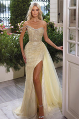 Classic One Shoulder Mermaid Daffodil Prom Dress Split Long With Beadings