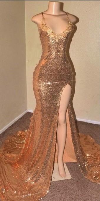 Sequins Mermaid V-Neck Prom Dress Mermaid Long With Split