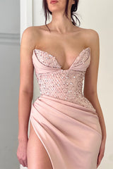 Stunning Pink Sweetheart Mermaid Prom Dresses Split Long With Sequins Beads