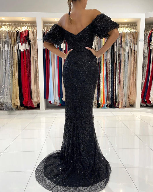 Amazing Black Off-the-Shoulder Sequins Prom Dress Mermaid Long