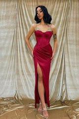 Classic Burgundy Spaghetti-Straps Mermaid Prom Dress Split With Beads