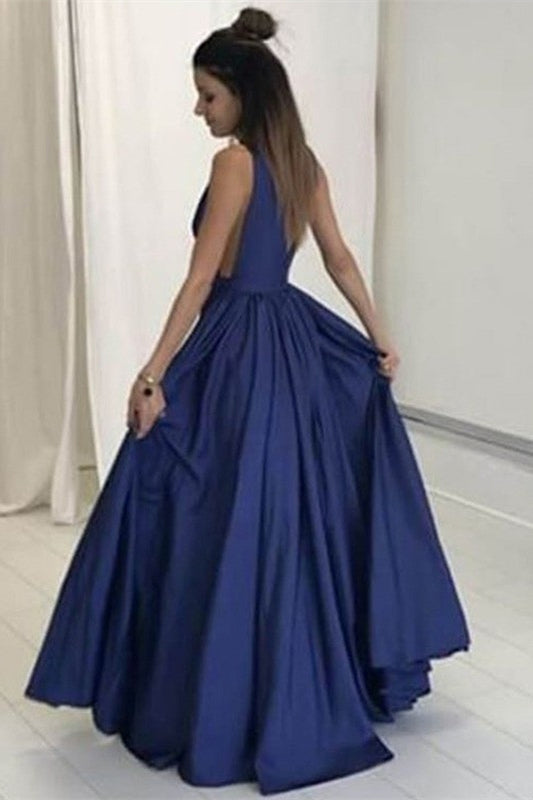 Stunning Deep V-Neck Sleeveless Long Prom Dress With Pockets