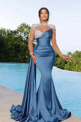 Purple Prom Dress Long Mermaid Satin With Trail Beadings Long Sleeves