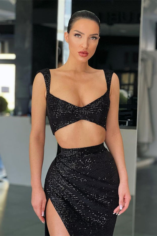 Stunning Black Sequins Two Pieces Prom Dress Mermaid With Slit