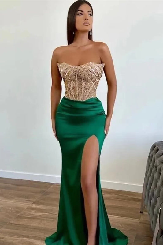 Dark Green Beaded Mermaid Prom Dress Strapless Slit Sequins Gown
