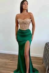 Dark Green Beaded Mermaid Prom Dress Strapless Slit Sequins Gown