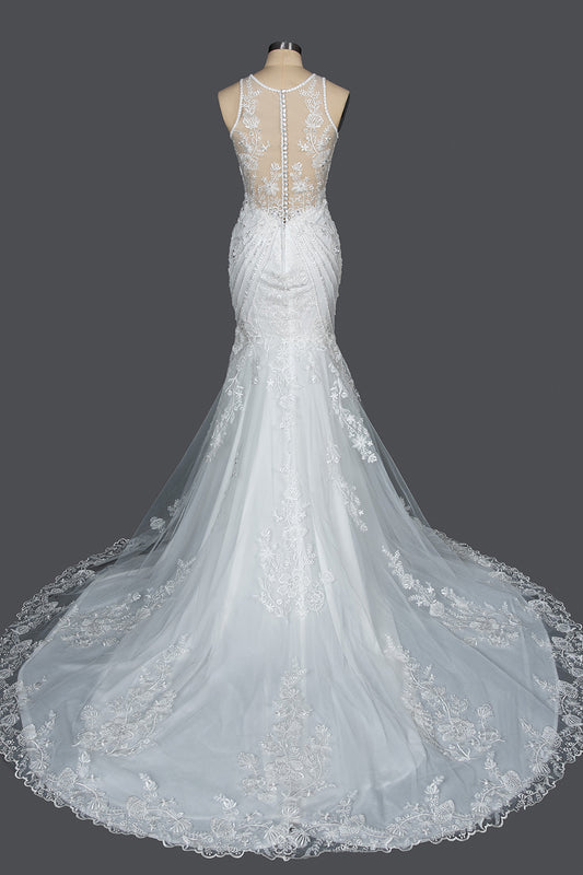 Elegant Mermaid Wedding Dress with Beaded Appliques and Scoop Jewel Neckline