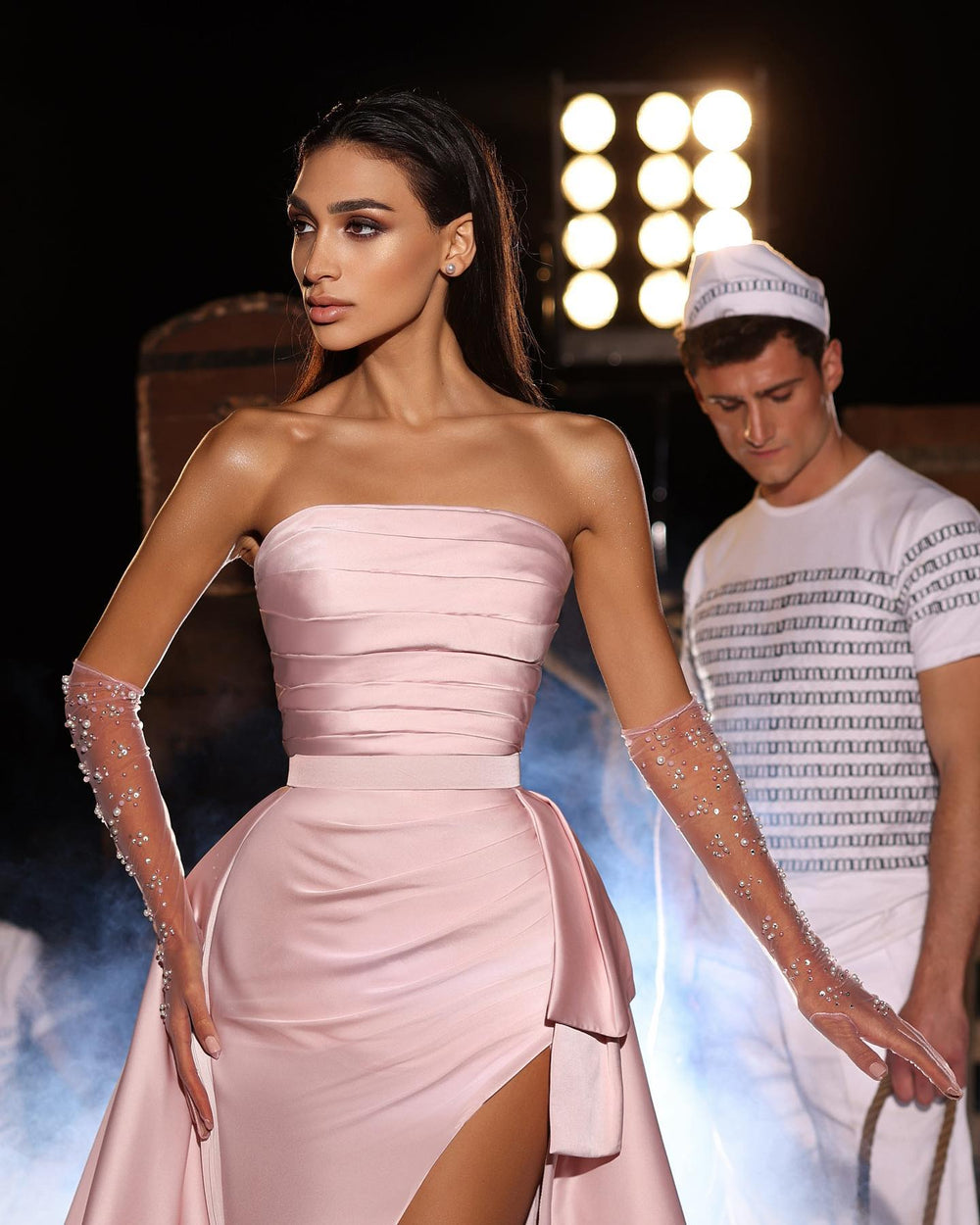 Fabulous Pink Strapless Mermaid Prom Dress Long Split Overskirt With Pleats