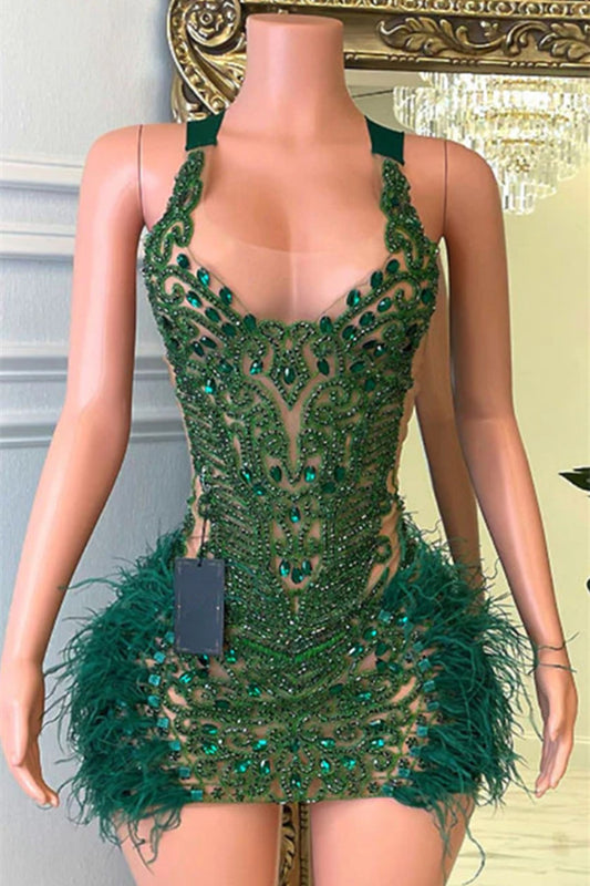 Modern Emerald Green Sleeveless Short Prom Dress WIth Beadings Crystal Feathers