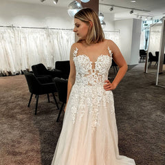 Elegant V-neck A-line Floor-length Backless Wedding Gown in Tulle Lace
