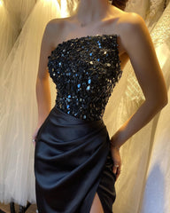 New Arrival Black Strapless Prom Dress Split Long With Sequins Sleeveless