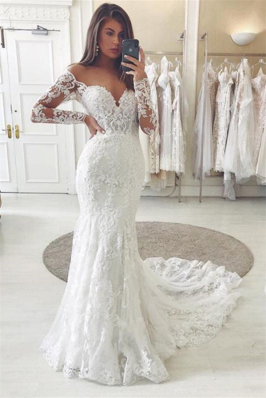 Off-The-Shoulder V-Neck Lace Wedding Dress With Long Sleeves and Appliques Ballbellas