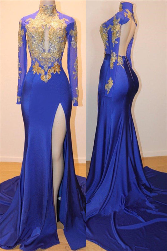 Royal Blue Long Sleeves Prom Dresses Fit and Flare Slit Prom Dress Appliques