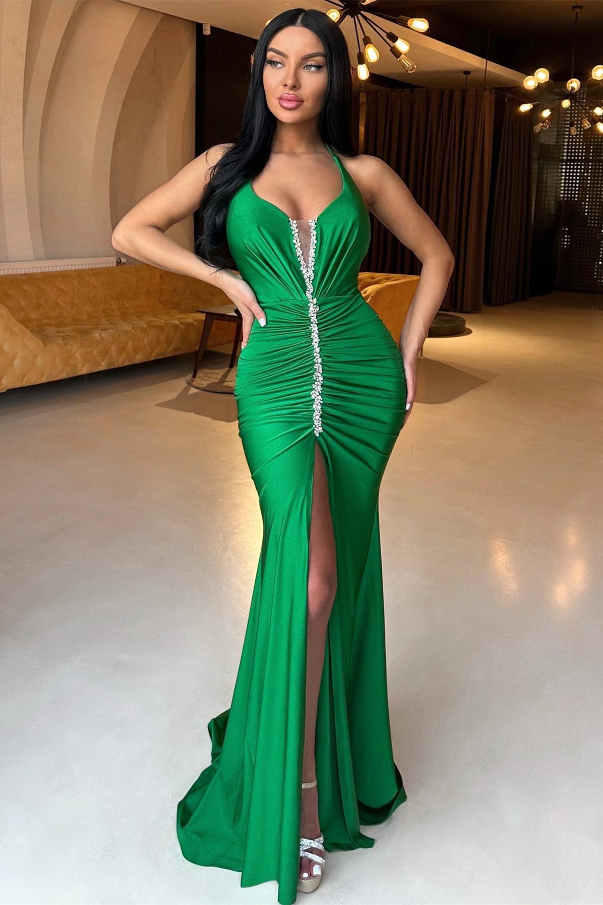 Gorgeous Green Halter Mermaid Prom Dress Beadings With Front Split