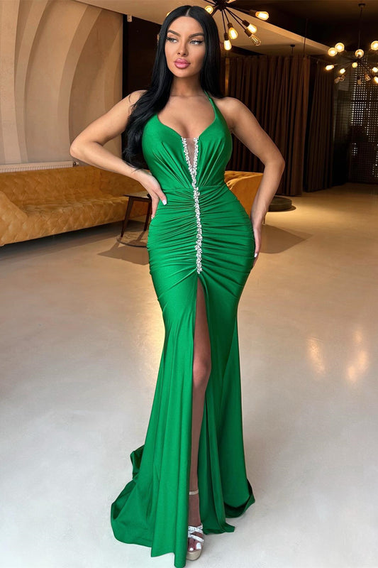 Gorgeous Green Halter Mermaid Prom Dress Beadings With Front Split