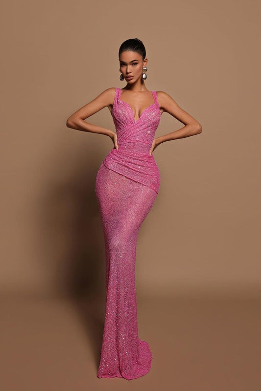 Sexy Pink Long Sequins Prom Dress V-Neck Mermaid Sleeveless