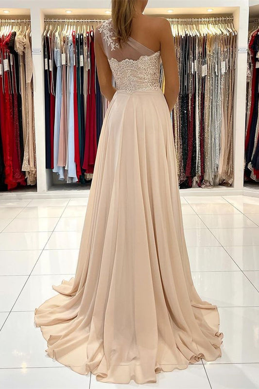 Modern One Shoulder Lace Appliques Prom Dress Chiffon With Slit