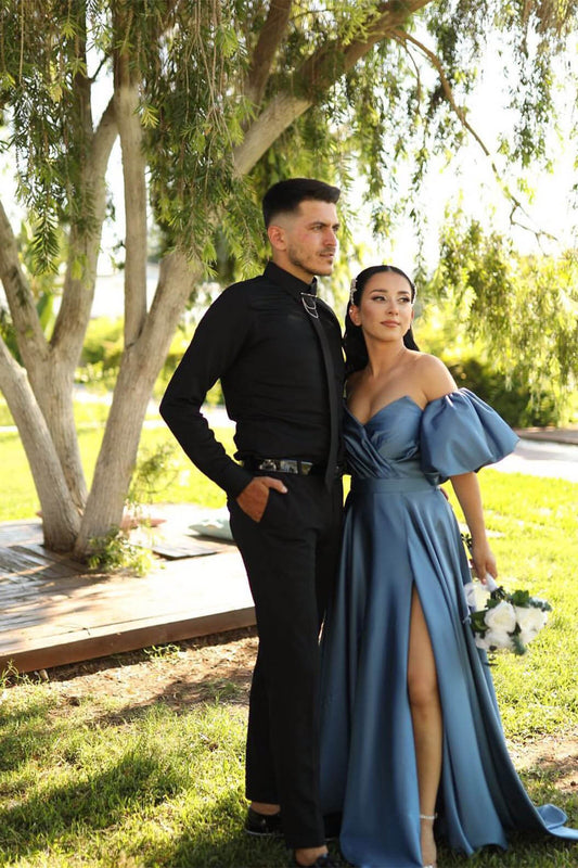 Dusty Blue Sweetheart Off-the-Shoulder Puff Sleeves Evening Dress with Front Split