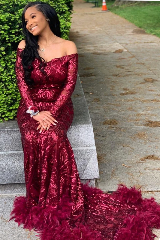 Gorgeous Burgundy Long Sleeves Sequins Prom Dress Mermaid Party Gowns With Feather