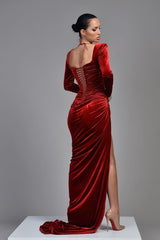 Chic Burgundy Square Long Sleeve Prom Dress Mermaid Split Velvet