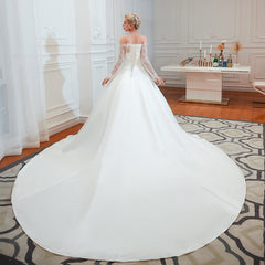 Elegant A-Line Satin Wedding Dress with Off-the-Shoulder Lace Long Sleeves