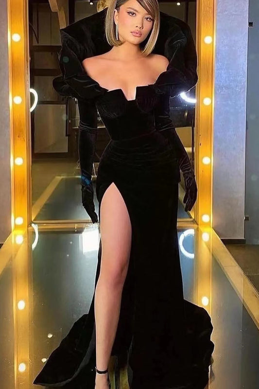 Black Long Sleeves Mermaid Prom Dress with High Split