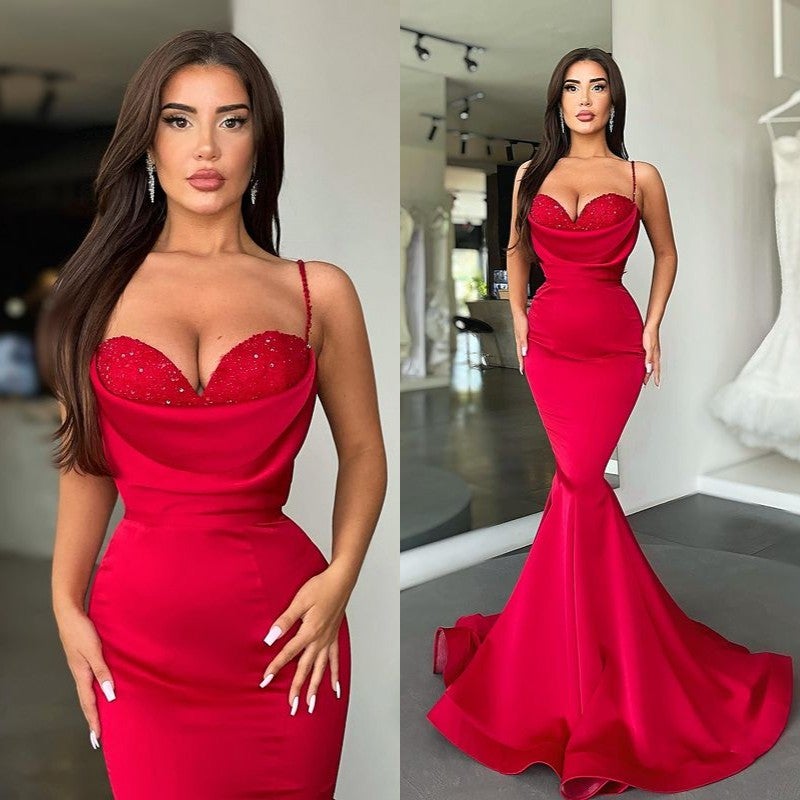 Fabulous Red Spaghetti-Straps Mermaid Prom Dress Long With Beads