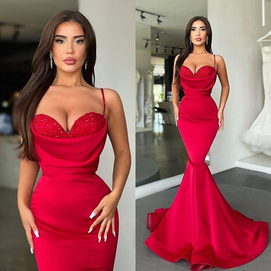 Fabulous Red Spaghetti-Straps Mermaid Prom Dress Long With Beads